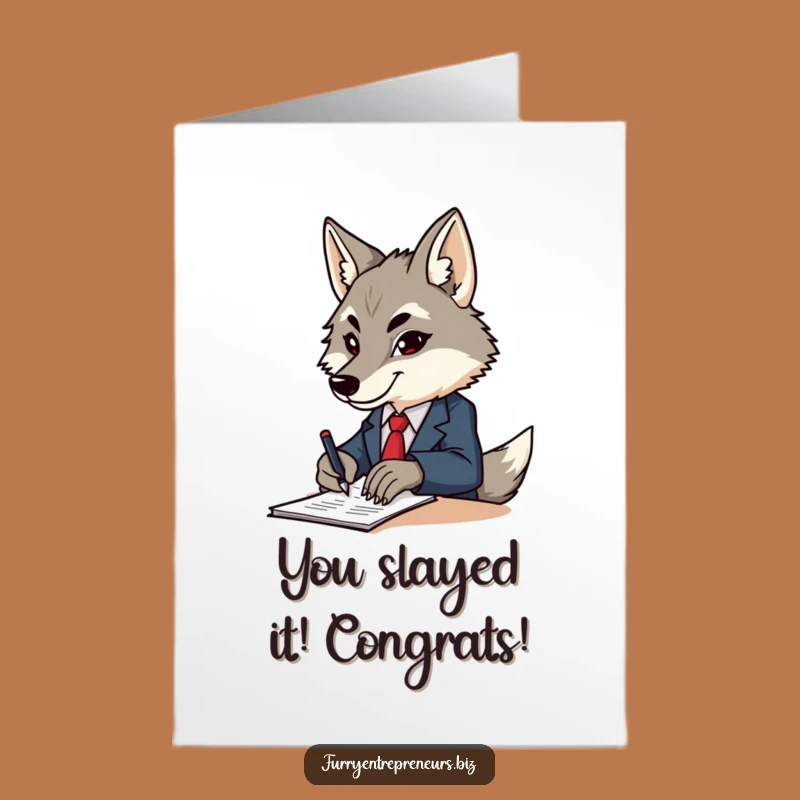 Free Printable Congrats Card: Wolf Boss Celebrating Success, Print at Home!