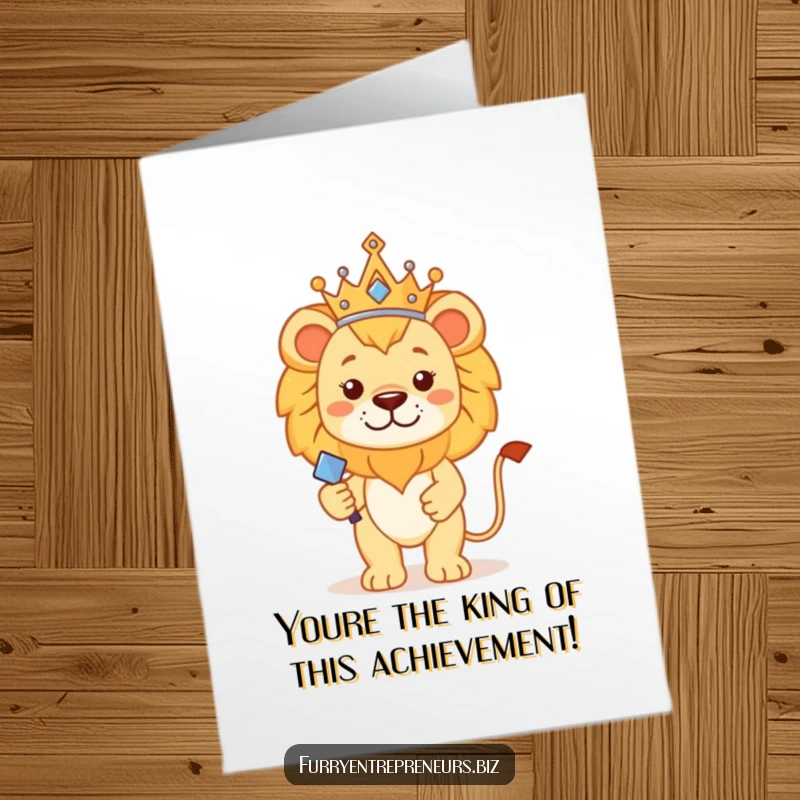 Funny Free Printable Congratulations Card: Proud lion king wearing a crown and holding a scepter, celebrating success.