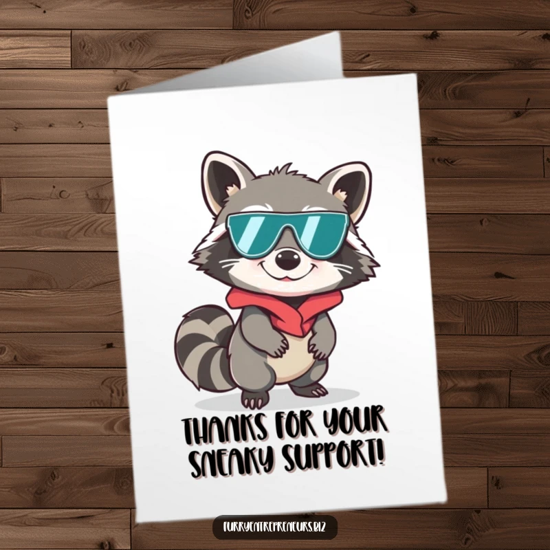Funny Free Printable Thank You Card with a raccoon spy sneaking, offering thanks secretly.