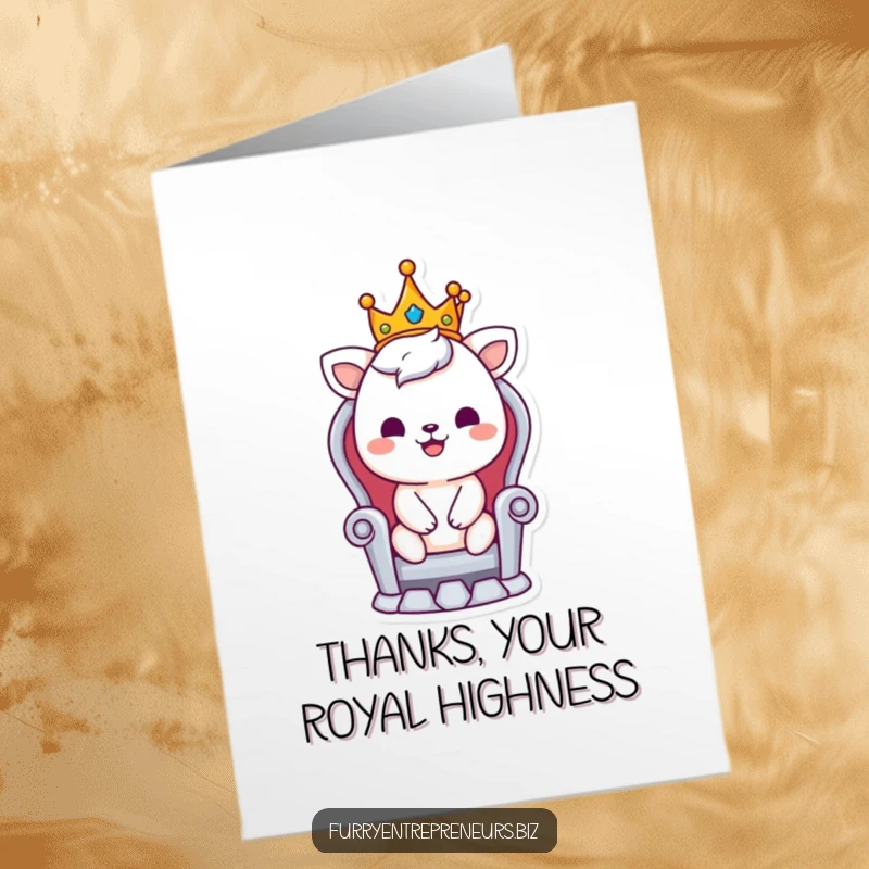 Funny Free Printable Thank You Card: Smiling animal character wearing a tiny crown sits on a throne, expressing thanks.