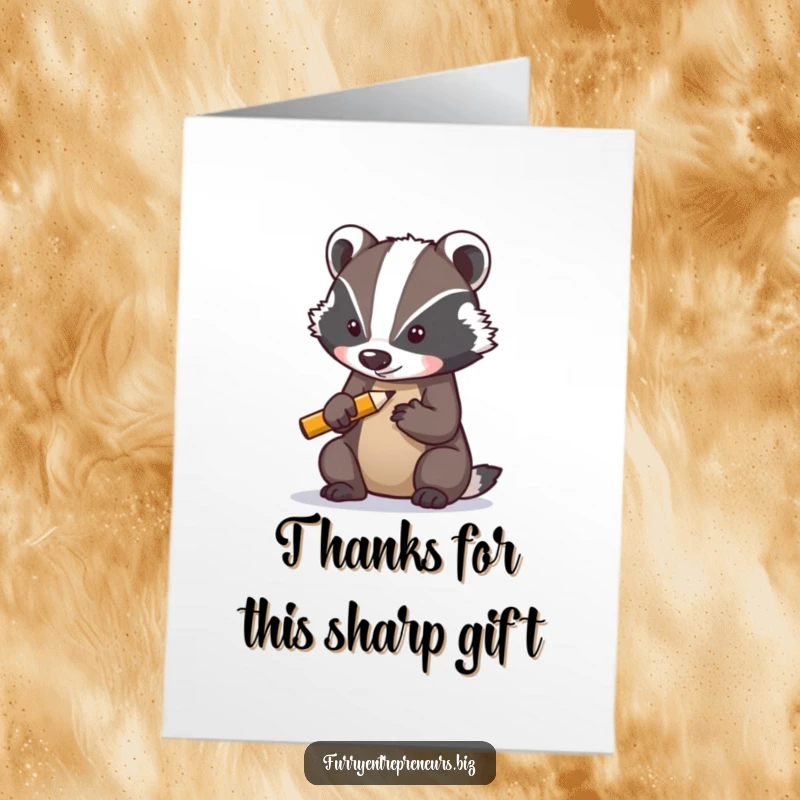 Funny Free Printable Thank You Card: Badger character sharpening a tiny pencil, symbolizing hard work and dedication, downloadable.