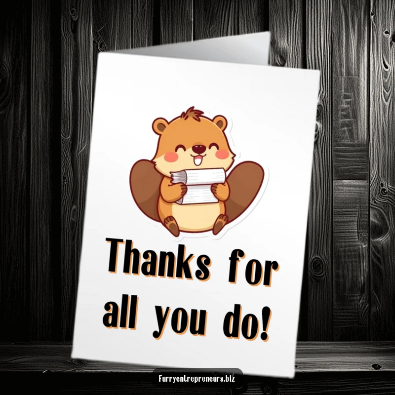 Funny free printable thank you card with a diligent beaver character balancing a stack of papers, offering thanks.