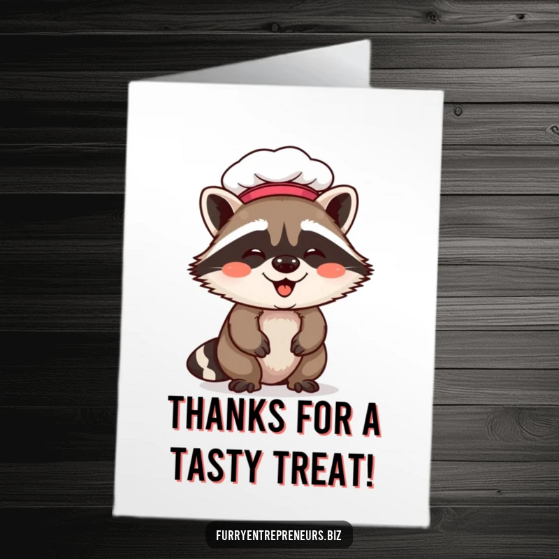 Funny Free Printable Thank You Card: A cheerful raccoon wearing a chef hat, giggling heartily while holding a spatula.