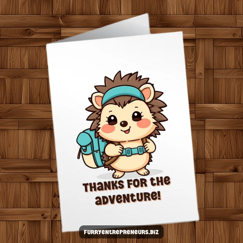 Funny free printable thank you card: a cheerful hedgehog hiker with a backpack, offering a thankful gesture.