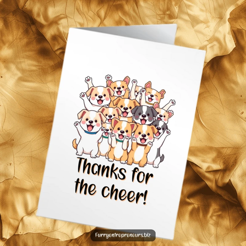 Funny Free Printable Thank You Card depicting a group of cute kawaii dogs cheering with their paws in the air, expressing thanks.