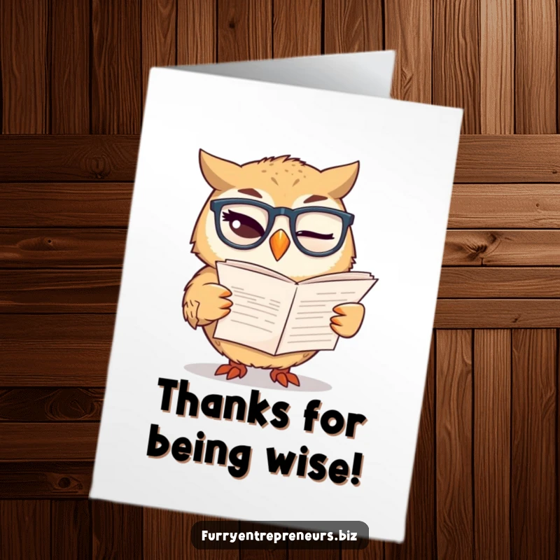 Funny Free Printable thank you card, a winking owl accountant reads a report, expressing financial thanks humorously.