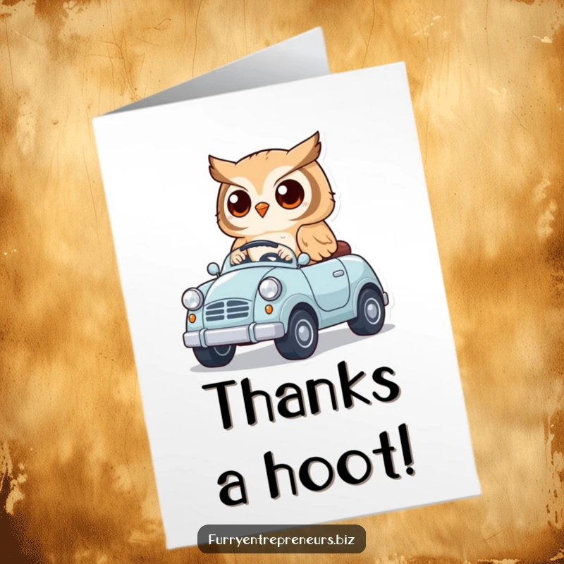 Funny free printable thank you card with a cute owl character driving a tiny toy car, conveying thanks.
