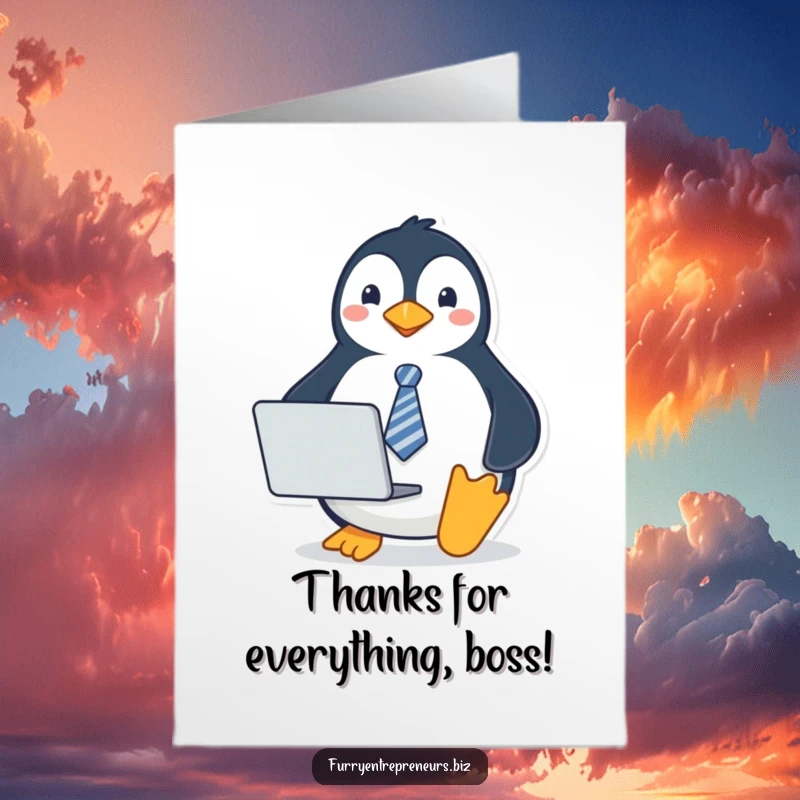 Funny Free Printable Thank You Card: A penguin wearing a small tie, holding a laptop, showing appreciation with a business-like flair.