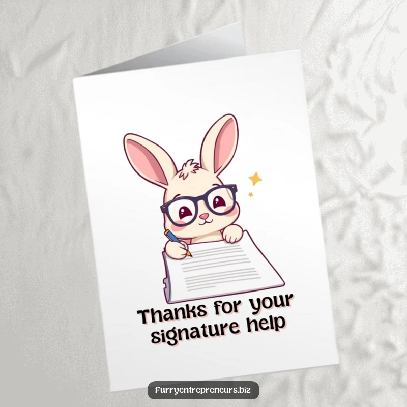 Funny Free Printable Thank You Card: Rabbit in glasses signs a large document, formally expressing thanks.