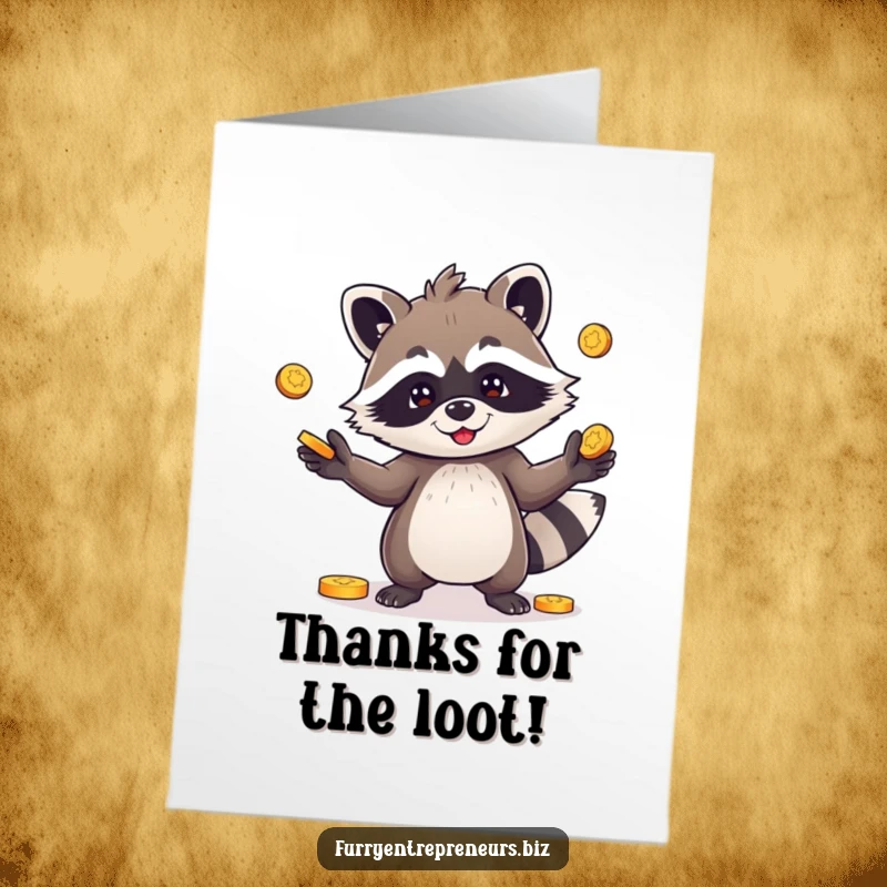 Funny Free Printable Thank You Card: Raccoon character juggling coins, symbolizing appreciation and good fortune, downloadable.