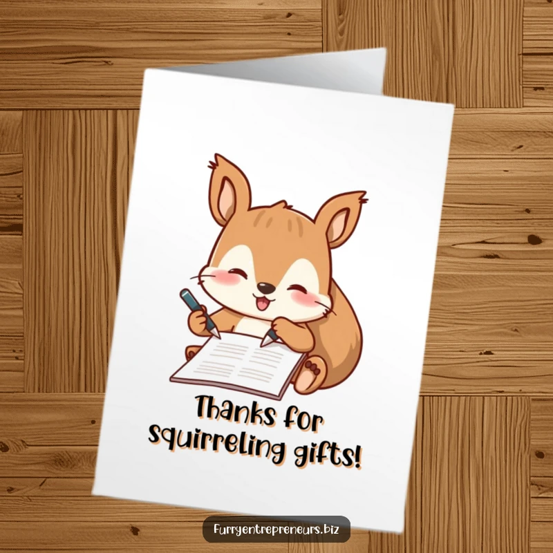 Funny free printable thank you card with a playful squirrel character signing a document, expressing thanks with official charm.