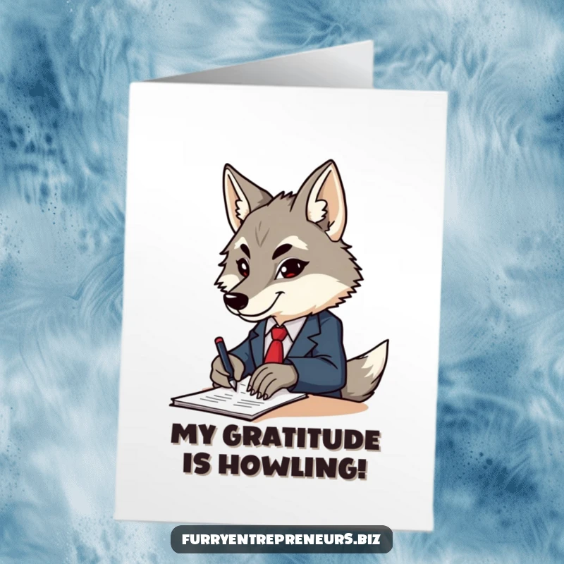 Funny free printable thank you card: A determined wolf in a tiny business suit signs a 'thank you' document with surprising sincerity.