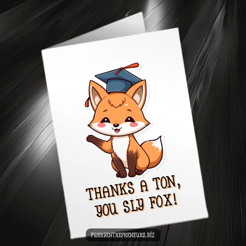 Funny Free Printable Thank You Card of a cheerful fox in a graduation cap tossing it upwards, expressing thanks with flair.