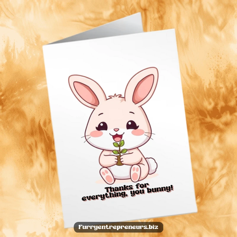 Funny Free Printable Thank You Card of a smiling rabbit holding a tiny plant seedling, conveying thanks for nurturing support.