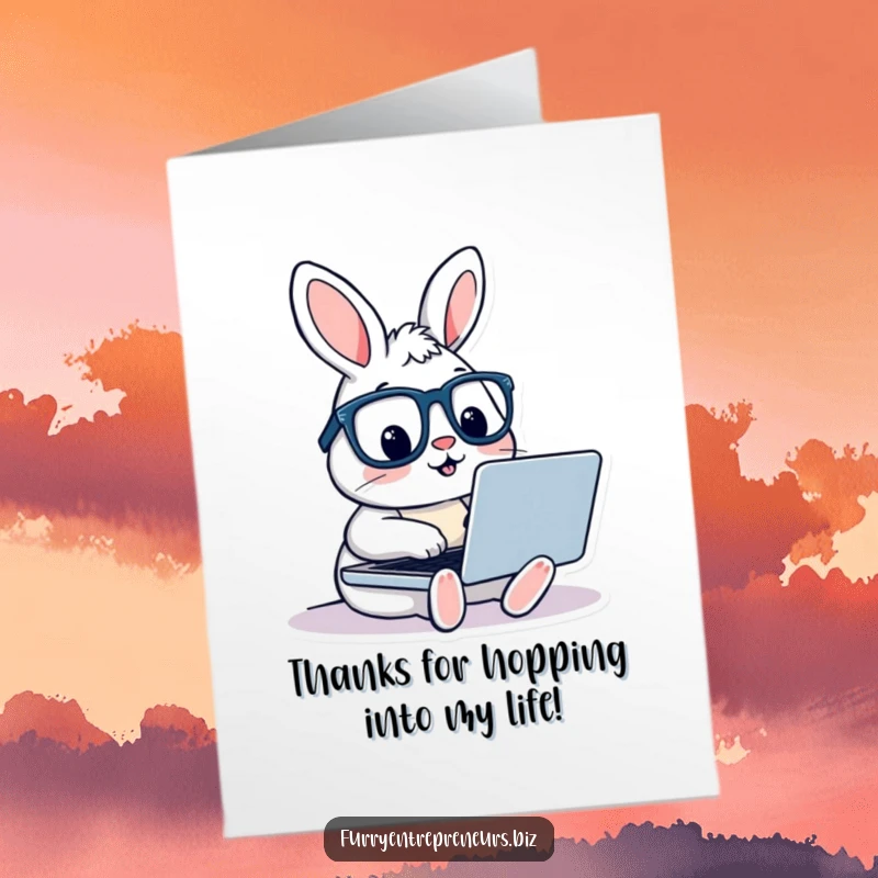 Funny free printable thank you card shows a rabbit wearing glasses, typing energetically on a laptop, conveying thanks digitally.