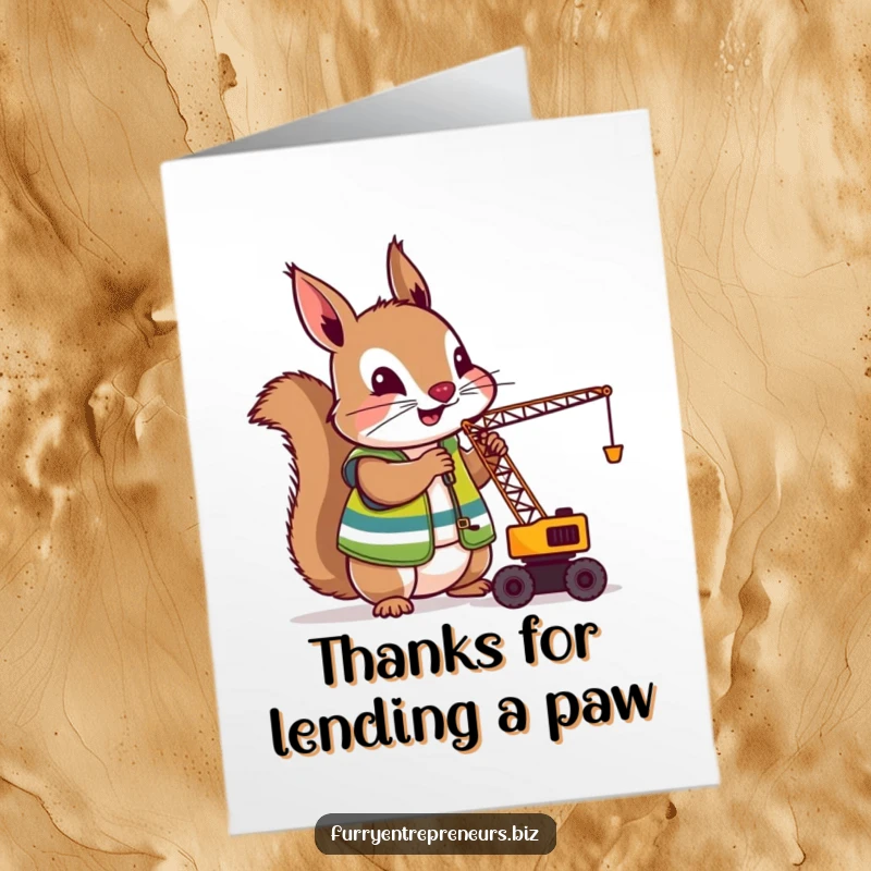 Funny Free Printable Squirrel Construction Worker Thank You Card, a hardworking squirrel in a vest offering thanks while holding a mini hammer.