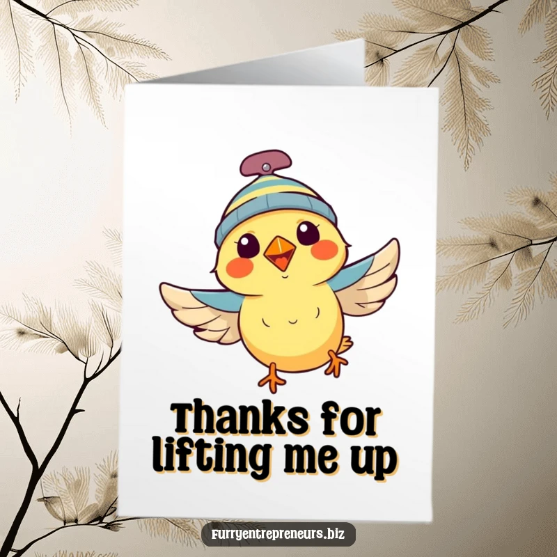 Funny Free Printable Thank You Card: An energetic bird with a propeller beanie flies, conveying thanks.