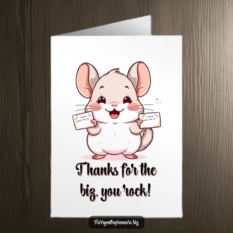 Funny Free Printable Thank You Card showing a chinchilla networking with a stack of business cards.