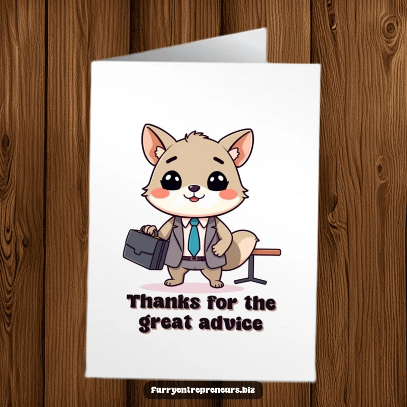 Funny Free Printable Thank You Card: Smiling animal in suit leads tiny business meeting, holding a thank you sign.
