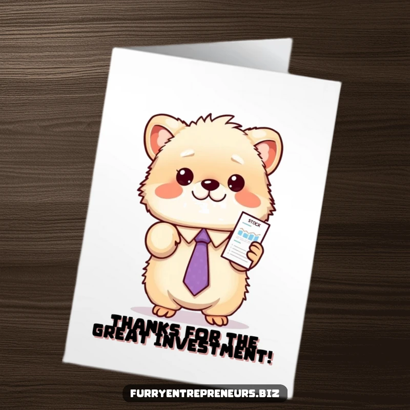 Funny Free Printable Thank You Card: Fluffy animal in a tie presenting a stock chart, a thoughtful gift.