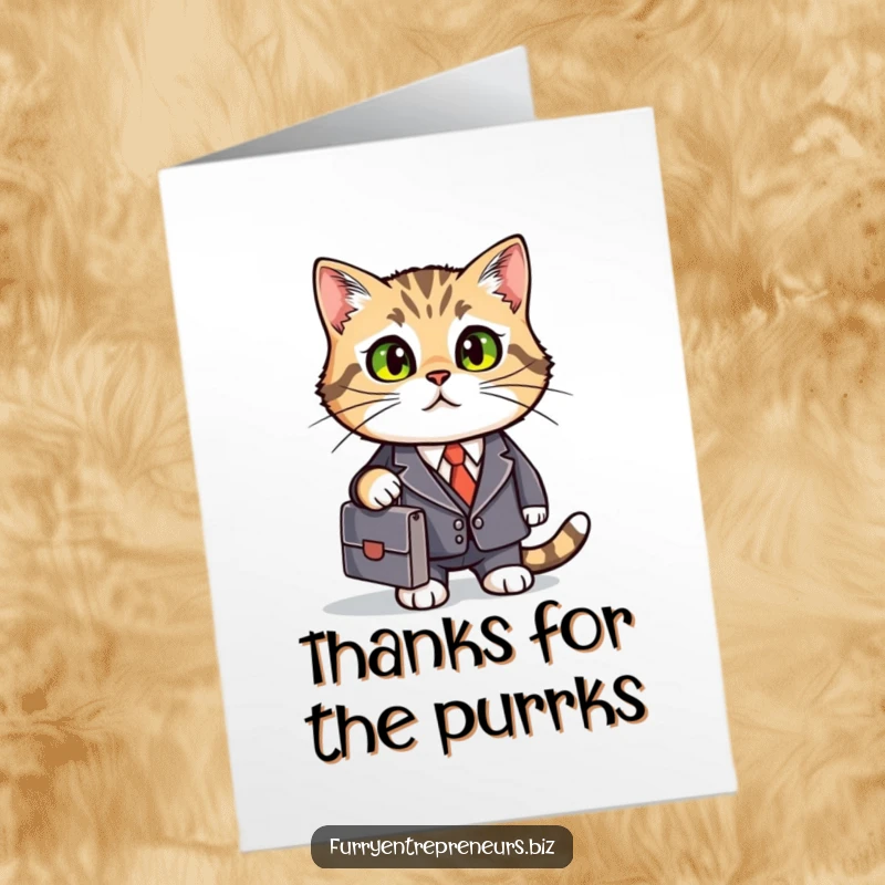 Funny Free Printable Thank You Card: A cat in a smart business suit holding a briefcase, offering a polite nod of thanks.