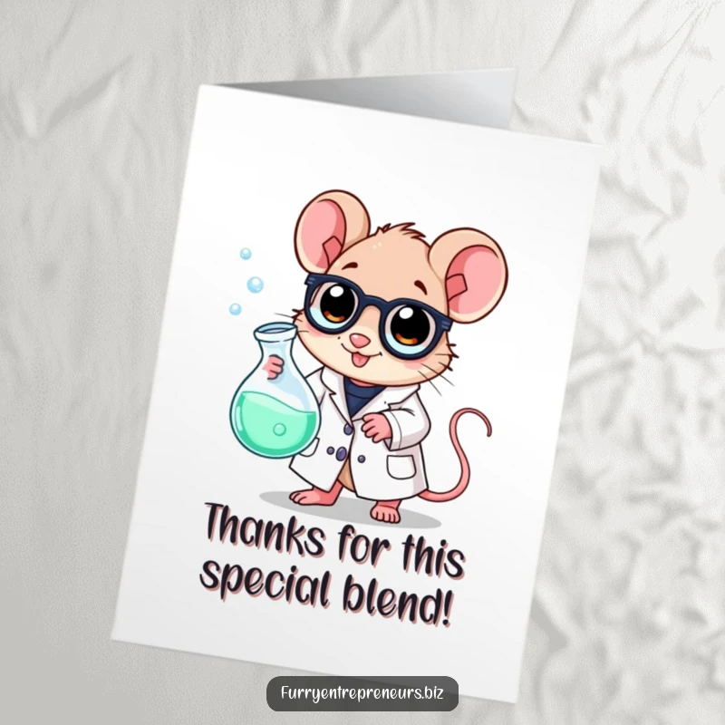 Funny Free Printable Thank You Card: Mouse in a lab coat holding a bubbling beaker, filled with thanks.