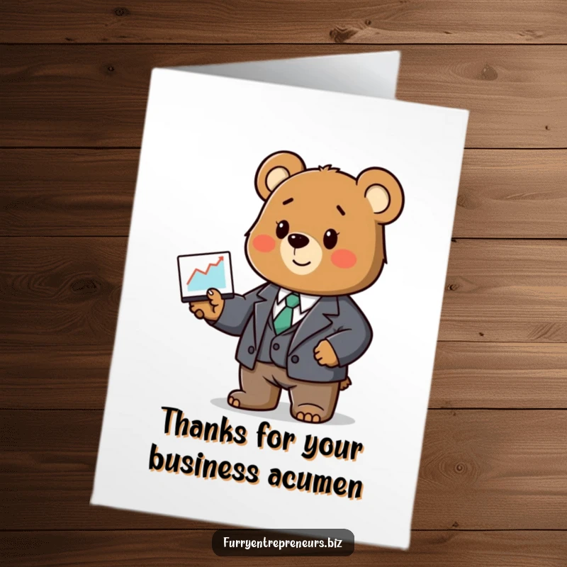 Funny Free Printable Thank You Card: Bear in a tiny suit presents a graph, expressing sincere thanks.