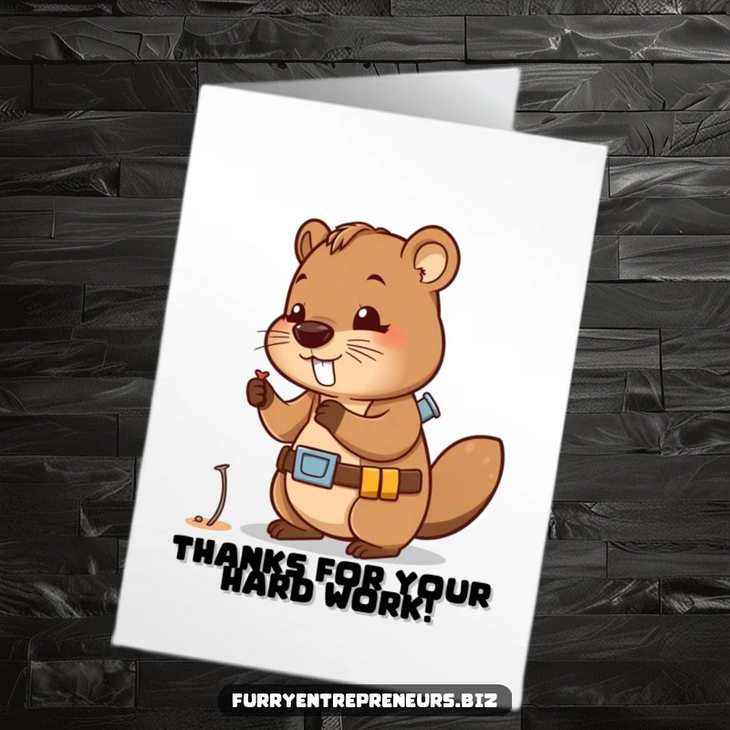 Funny free printable thank you card of a cute beaver wearing a tool belt, carefully examining a tiny nail, offering thanks.