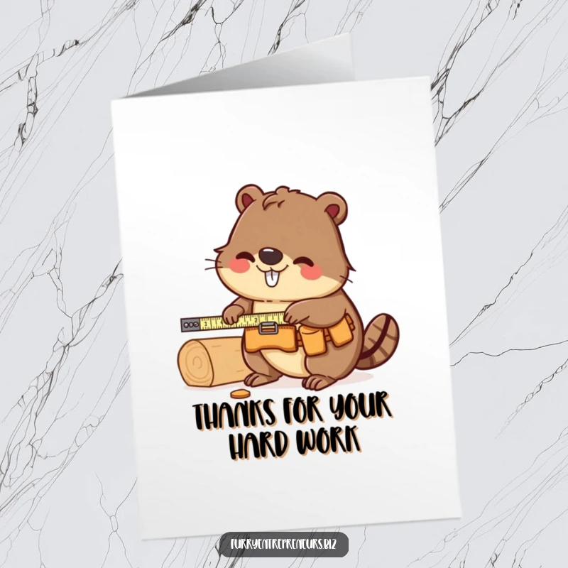 Funny Free Printable Beaver Carpenter Thank You Card, a beaver in a tool belt measuring wood and offering thanks with a friendly nod.