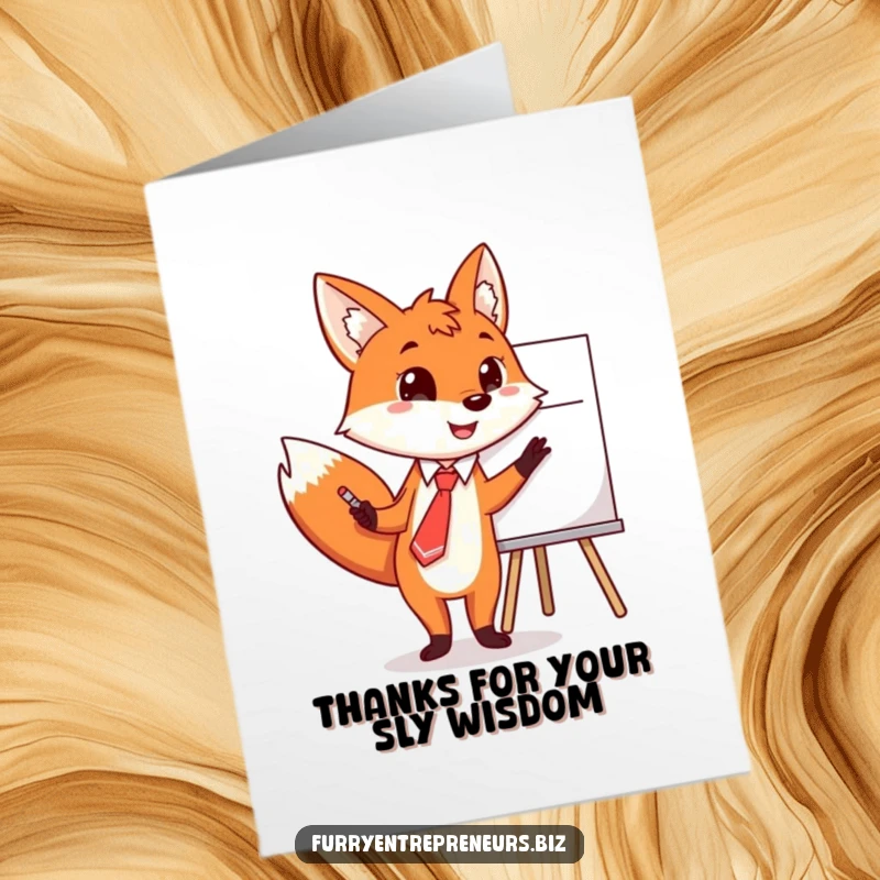 Funny Free Printable Thank You Card: Fox in a tie points enthusiastically at a whiteboard, showing gratitude.
