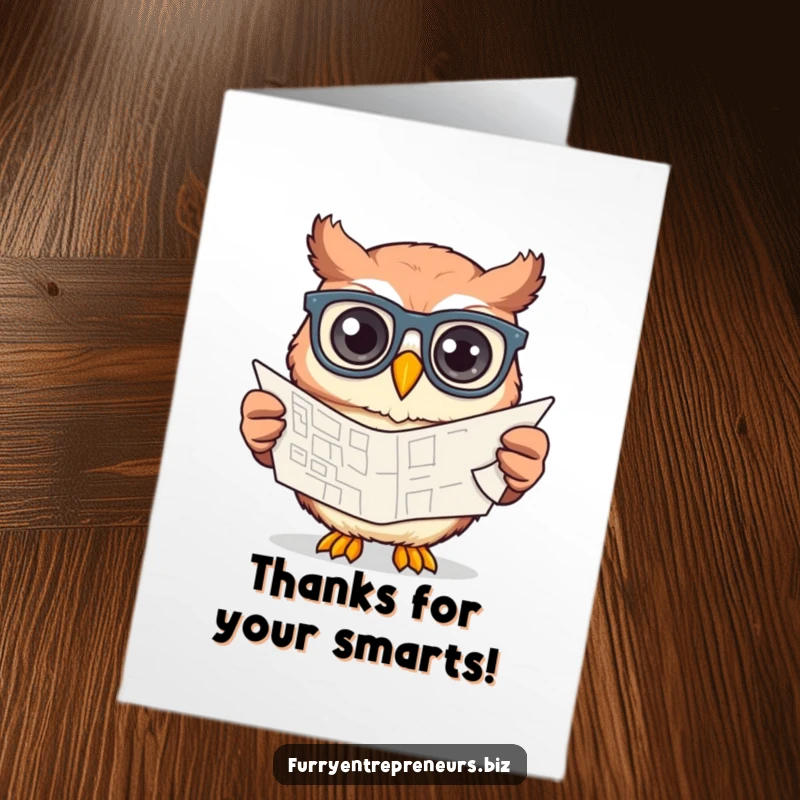 Funny free printable thank you card: A creative owl wearing glasses designs a blueprint, acknowledging kind deeds with a grateful look.