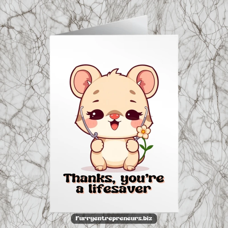 Funny Free Printable Thank You Card: Delighted animal with a stethoscope, tenderly listening to a blooming flower.