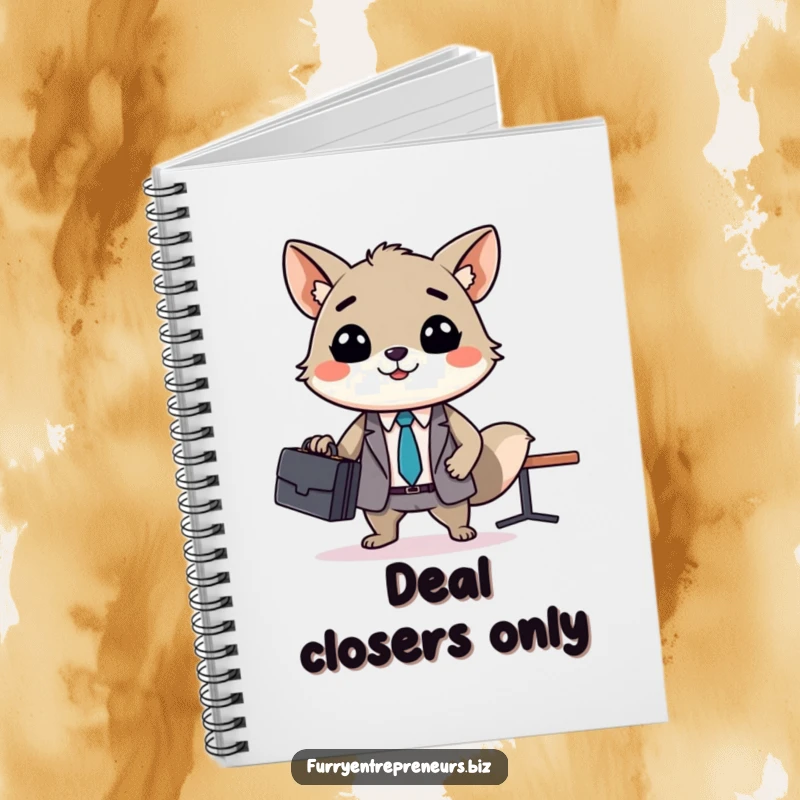 Funny animal business meeting notebook, a smiling creature with a briefcase leads a tiny conference, ideal for jotting down notes with a humorous touch.