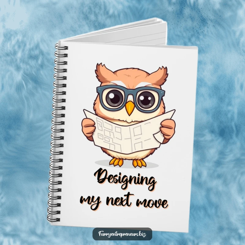 Funny owl wearing glasses, diligently working on a blueprint sketch, featured on a notebook cover for jotting down ideas.