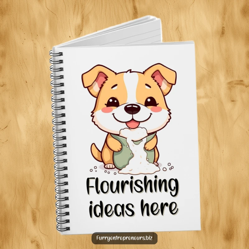 Funny notebook cover featuring a mischievous dog with a comically large smile, dropping flour from a bag, perfect for notes.