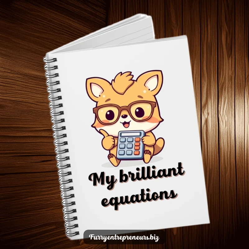 Funny animal accountant notebook, a cheerful creature with glasses points at a tiny calculator, ideal for jotting down calculations with a humorous touch.