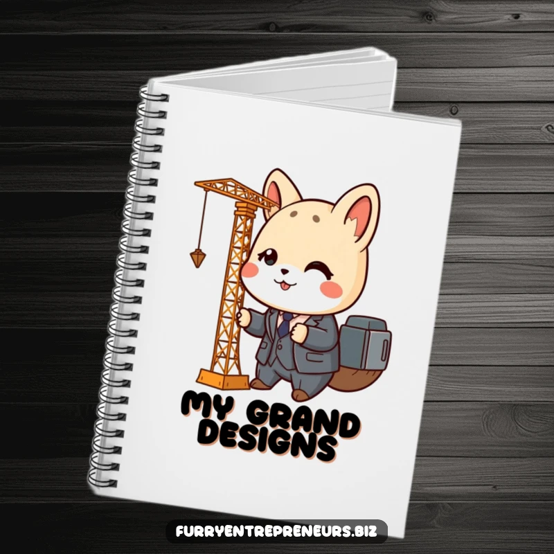 Funny animal business notebook featuring a cute character in a tiny business suit operating a miniature crane, ideal for notes.