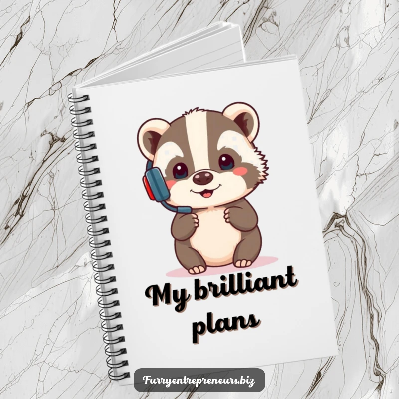 Funny notebook featuring a focused badger with a headset, ideal for presentations, notes, or planning with a humorous, professional twist.