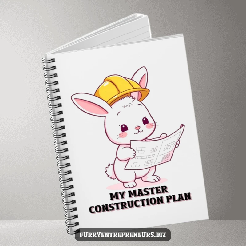Funny bunny builder notebook, hard hat on, inspecting a blueprint, ideal for project planning and notes.