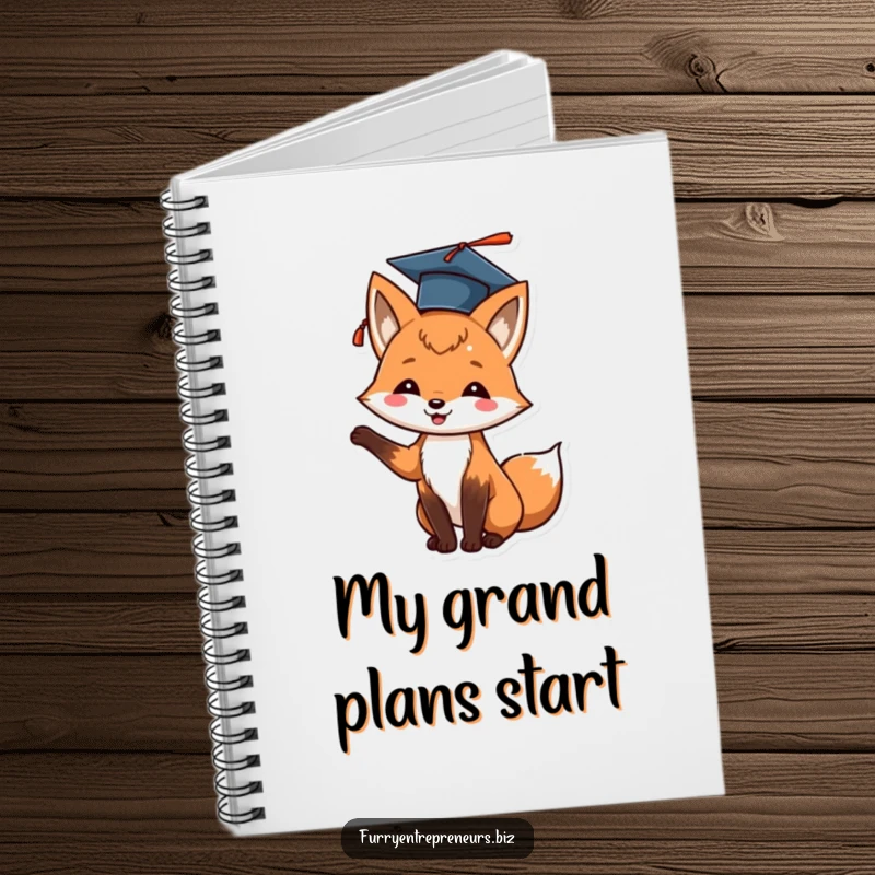 Funny fox graduation notebook with a cheerful animal tossing its cap, ready to capture future plans.
