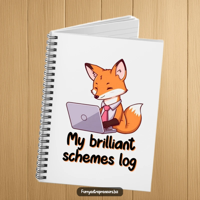 Funny notebook with cover art of a fox in a tie diligently typing on a laptop, great for notes.