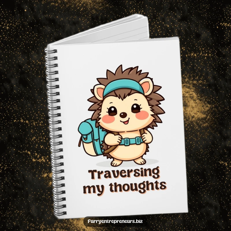 Funny Hedgehog Notebook with a cheerful hiker character wearing a backpack, ready for outdoor adventures. Perfect for notes and journaling.