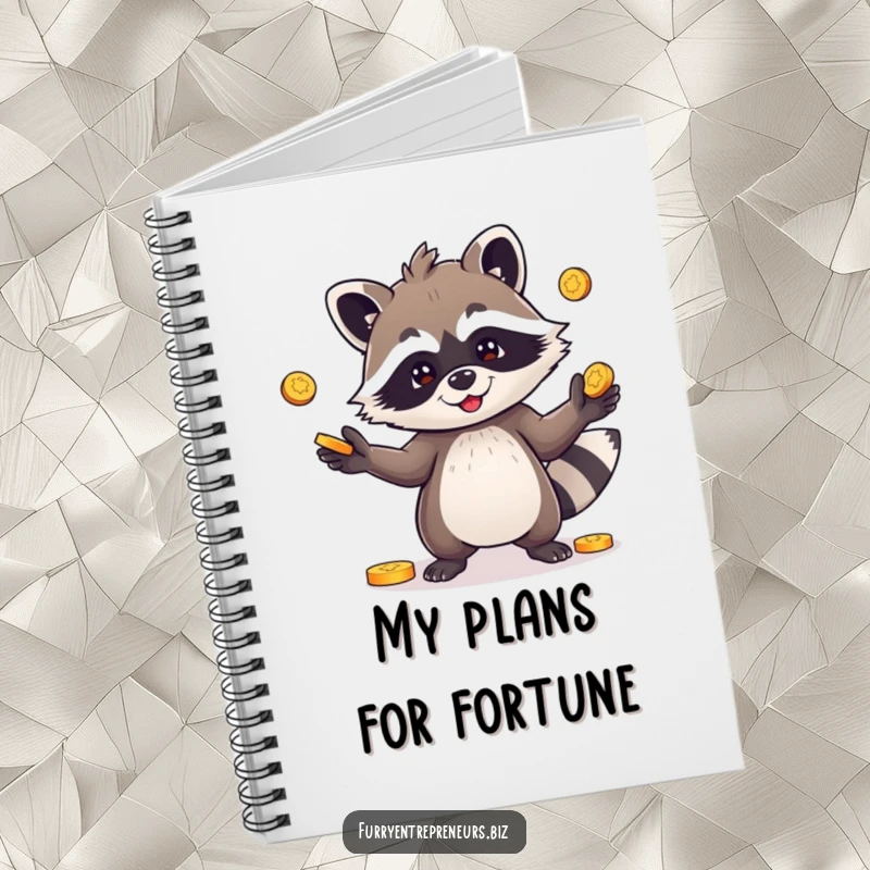 Funny notebook cover featuring a playful raccoon character juggling coins, perfect for jotting down ideas and mischievous plans.