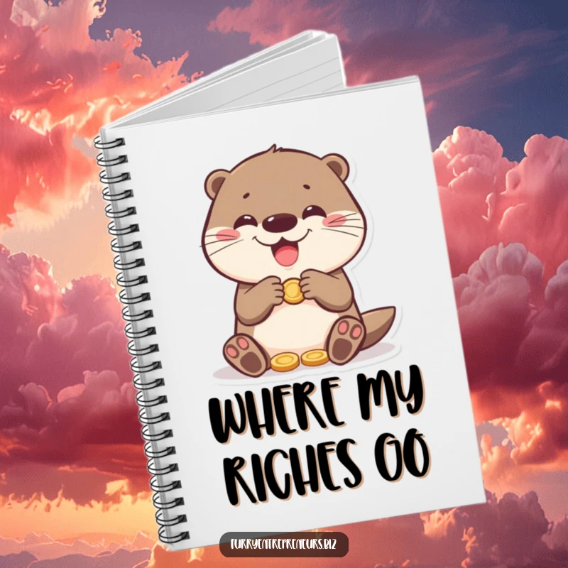 Funny otter character counting coins with a happy expression on a notebook cover, perfect for journaling and funny gift.