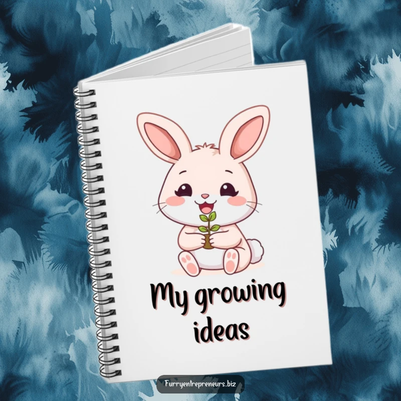 Funny rabbit gardener notebook with a smiling bunny holding a tiny plant seedling, ready to capture plans.