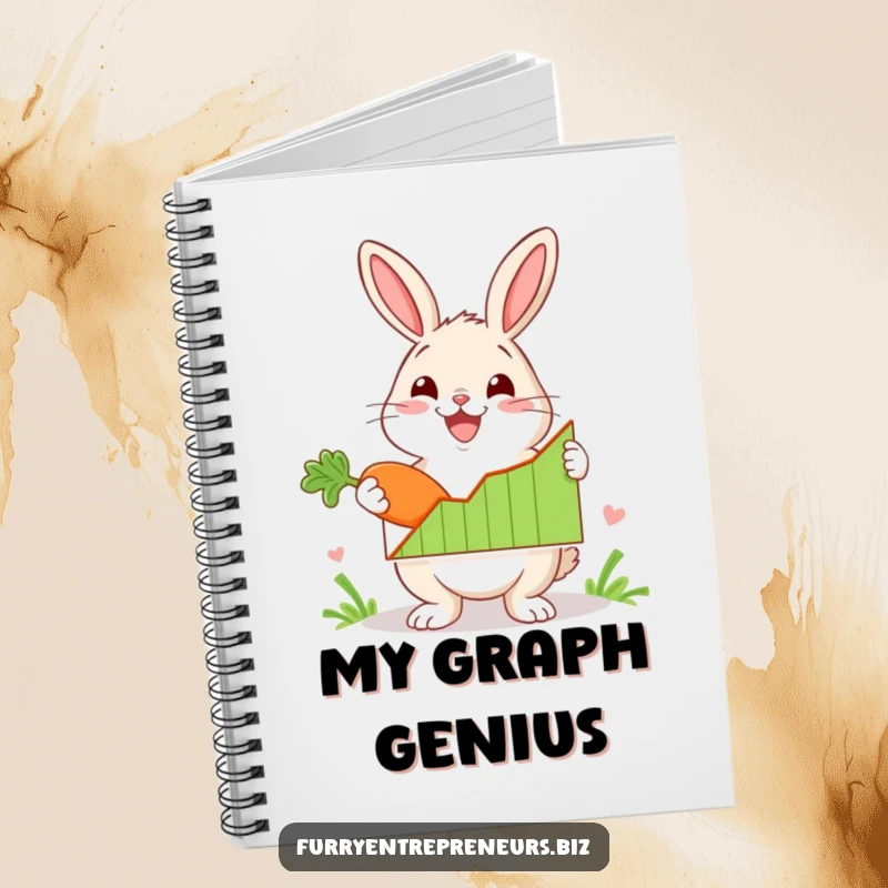 Funny rabbit character enthusiastically presenting a graph with a carrot on a notebook, ideal for tracking ideas with success-themed humor.