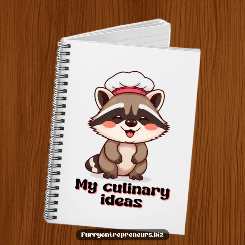 Funny raccoon chef notebook with a giggling raccoon in a chef hat on the cover, perfect for notes with a humorous culinary twist.