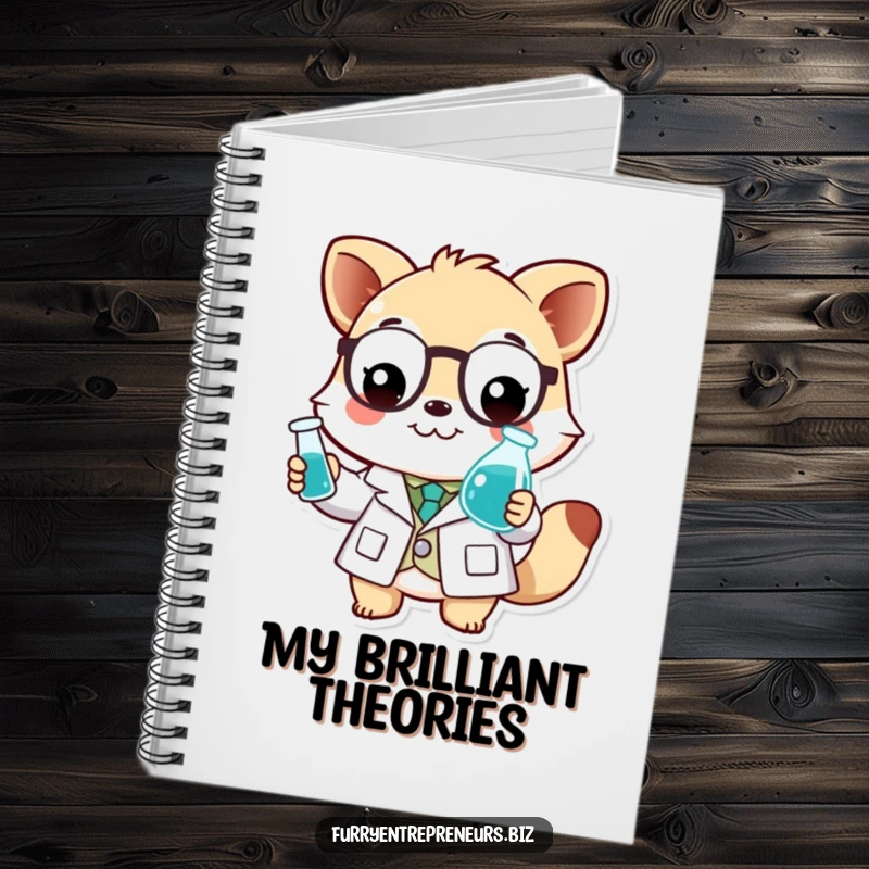 Funny scientist animal notebook featuring a smiling character in a lab coat, holding a tiny beaker.
