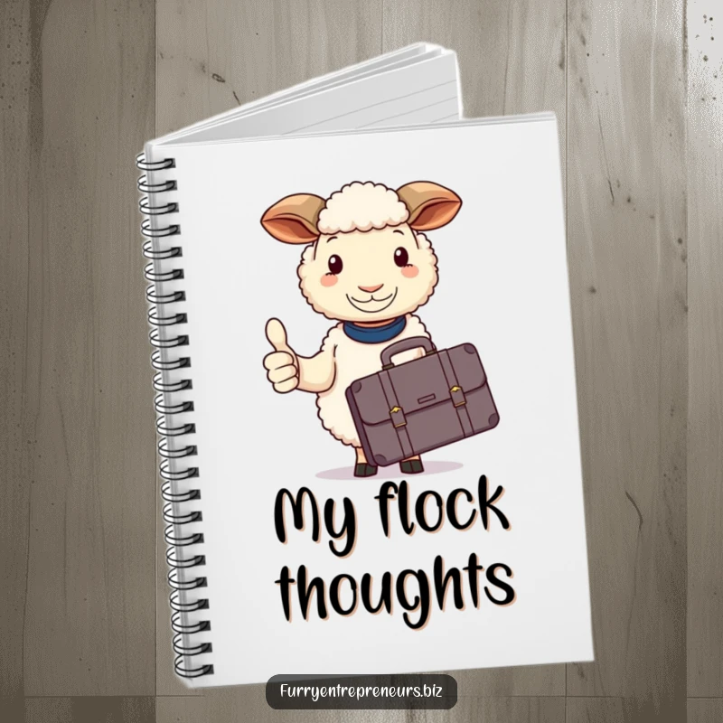 Funny sheep notebook, holding a briefcase, calmly giving a thumbs up, ready for business notes.