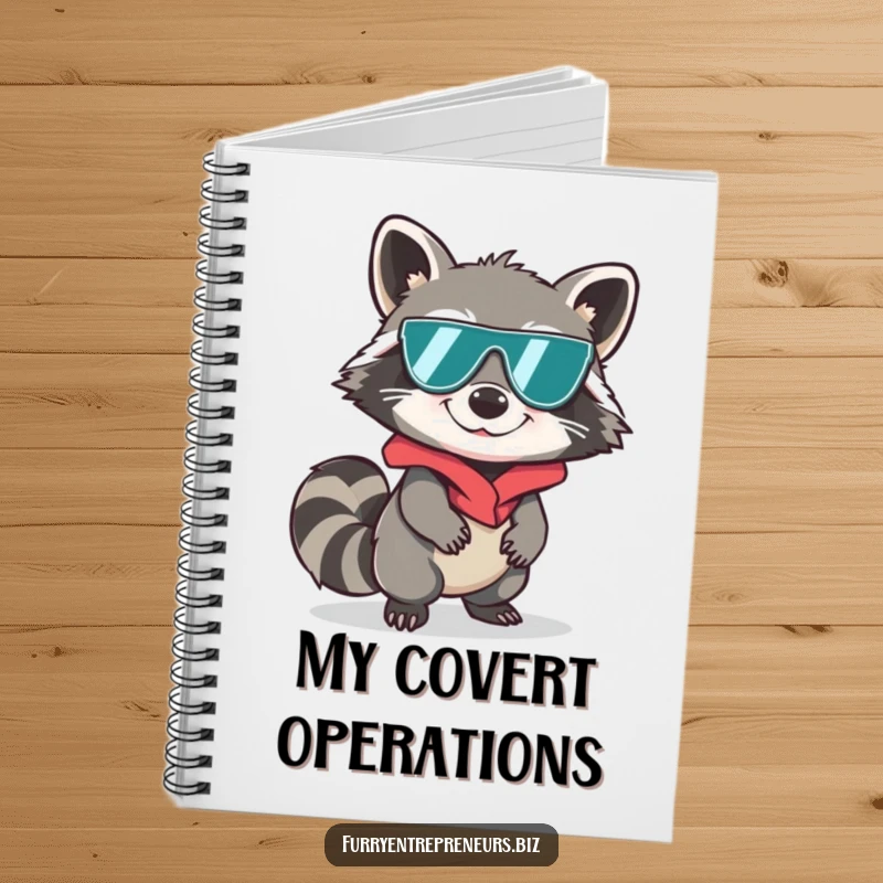 Funny raccoon character in spy disguise sneaking on a notebook, secret agent planner, espionage humor, great funny gift.